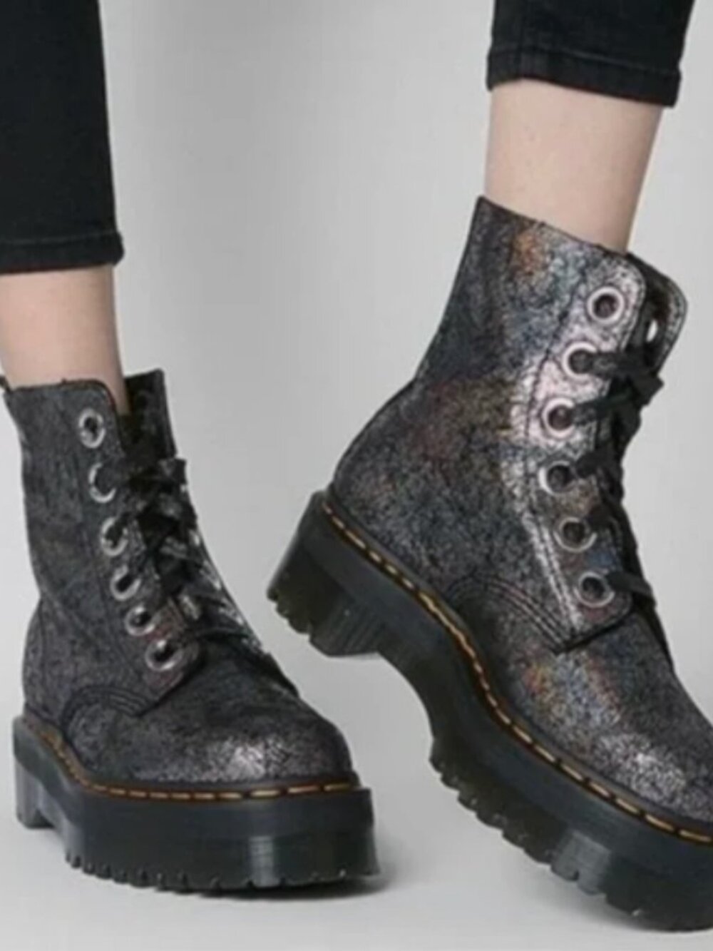 Dr. Martens Molly Metallic Iridescent Crackle Leather Platform Boots Combat Foil